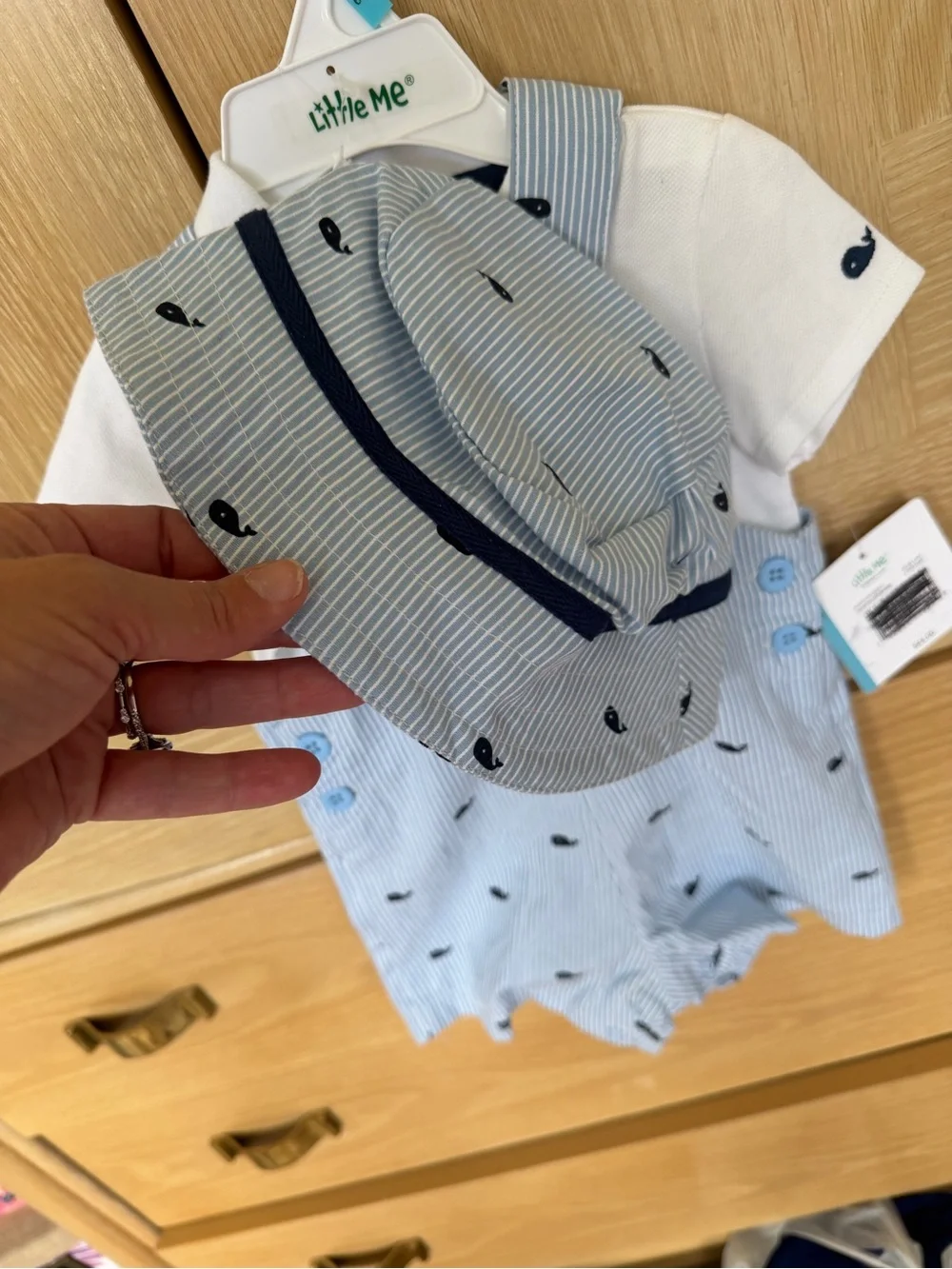 NWT, Little Me Blue Whale Stripe Romper with Hat, 6M